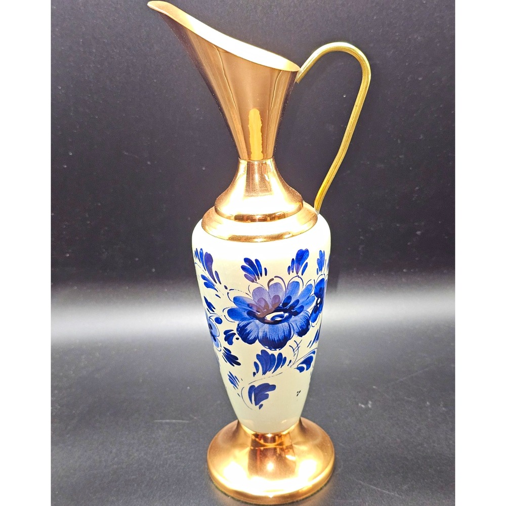 Unmarked Hand Painted Delftware Brass/Copper Floral Vase 10" Dutch Nr. 4465